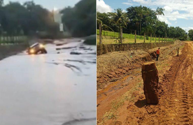 Motorista tenta passar por área inundada, cai em valeta e fica com carro ilhado em Itaperuna; VÍDEO