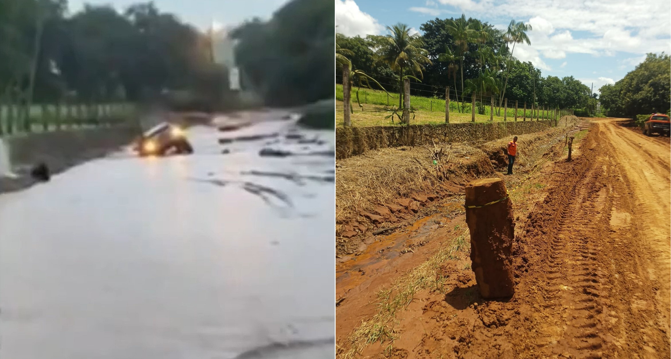 Motorista tenta passar por área inundada, cai em valeta e fica com carro ilhado em Itaperuna; VÍDEO