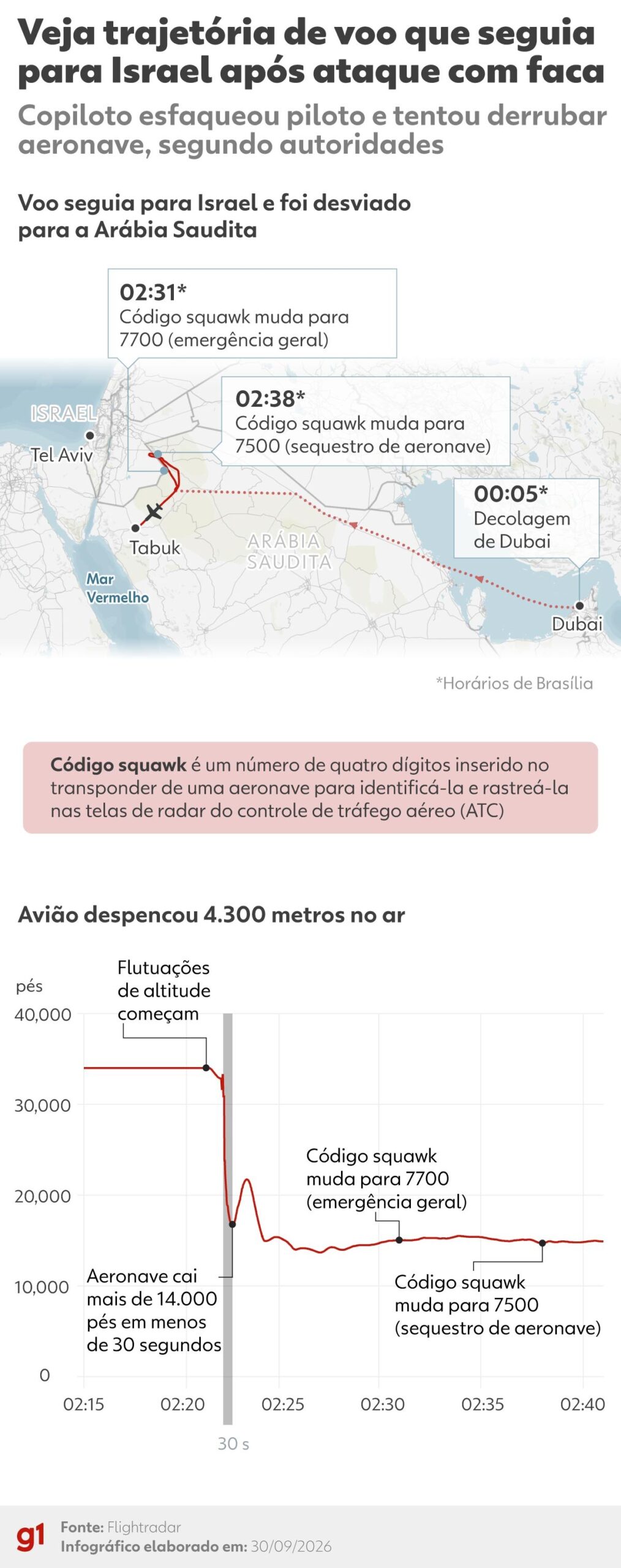Ataque em avião: INFOGRÁFICO mostra rota e queda brusca em voo após copiloto esfaquear piloto