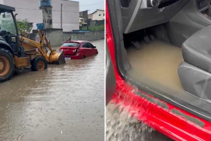 Pai alerta para alagamento em rua após filho ficar desolado ao perder carro em inundação em Macaé; VÍDEO