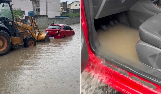 Pai alerta para alagamento em rua após filho ficar desolado ao perder carro em inundação em Macaé; VÍDEO
