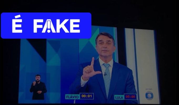 É #FAKE que Flávio Bolsonaro fez o ‘L’ durante debate da Globo; imagem foi fabricada com inteligência artificial
