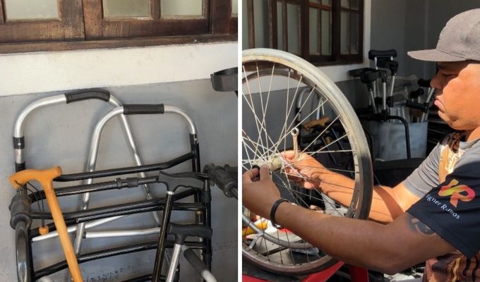 Morador transforma garagem em oficina, reforma e doa cadeiras de rodas no litoral de SP