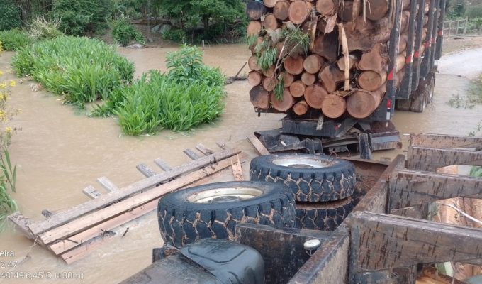 Ponte cede e caminhão carregado com toras tomba e cai na água em Ribeirão Branco