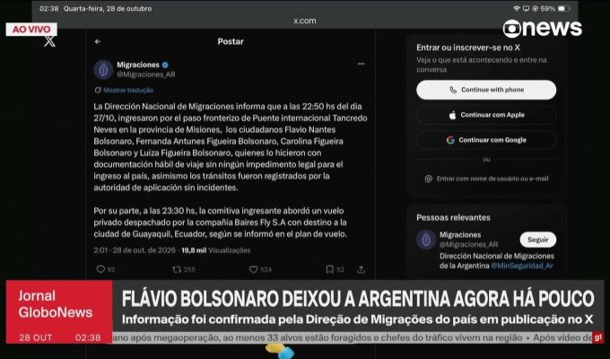 Flávio Bolsonaro e família cruzaram fronteira e seguiram em voo privado para o Equador, diz Migração argentina