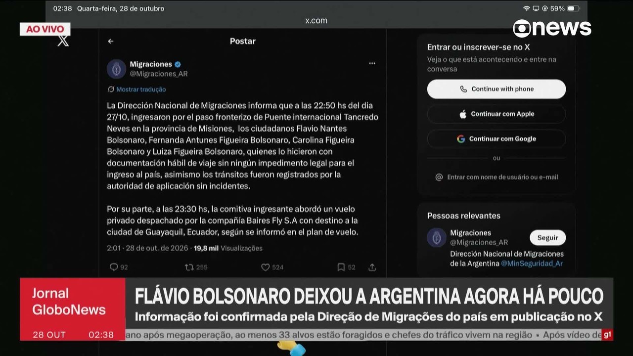 Flávio Bolsonaro e família cruzaram fronteira e seguiram em voo privado para o Equador, diz Migração argentina
