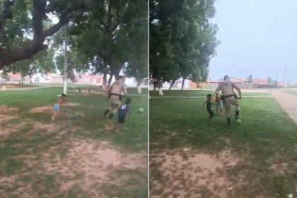 Comandante da PM joga futebol com crianças durante patrulhamento no TO; VÍDEO