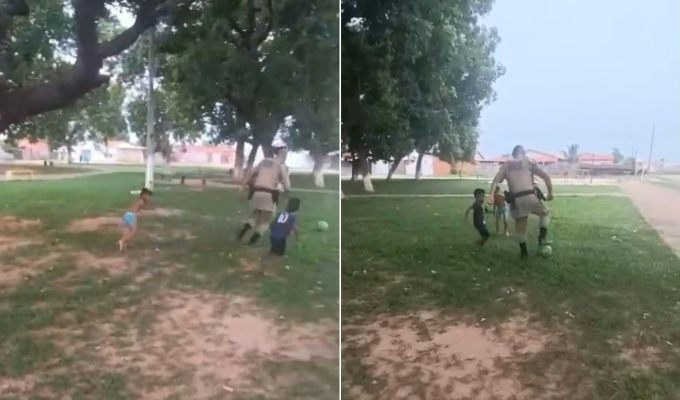 Comandante da PM joga futebol com crianças durante patrulhamento no TO; VÍDEO